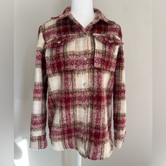 BB Dakota Red Cream Plaid Button Flannel Barn Jacket Women’s XS Utility Western - Picture 1 of 7